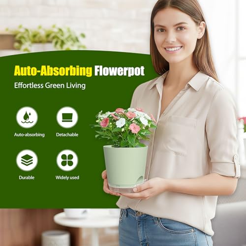 Plant Pots 7 Inch Self Watering Pots, 6 Pack Plastic Planters with Drainage Holes and Clear Saucers,Plastic Flower Pots for Indoor Out Door Plants(Green) - color: Green, size: 7 inch