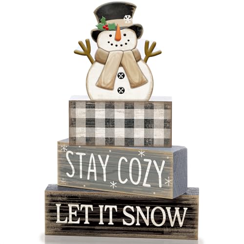 Yuntau 4 Pcs Winter Table Decorations Wooden Snowman Tiered Tray Decor - style: Let It Snow