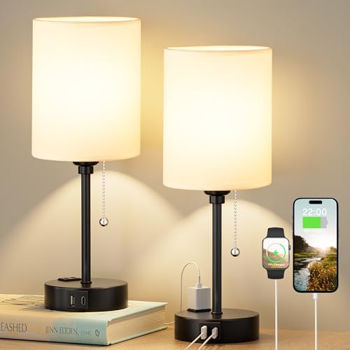 Bedside Table Lamp for Bedroom Set of 2, Small Desk Lamp with USB Ports - color: White / Black, size: 14.6 in