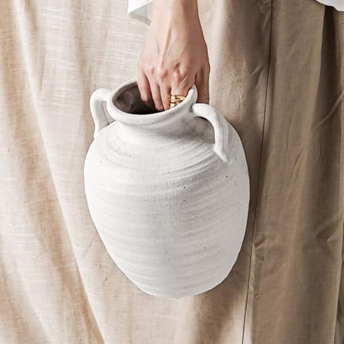 White Ceramic Vase with Handles, 9.5Inch, Farmhouse Rustic, Sandstone White - color: Winnie - Sandtone White, size: M(8.8"-9.8")