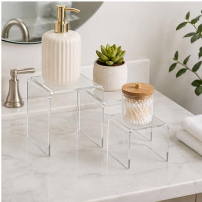 Clear Acrylic Display Risers Set of 3, Assorted 4 5 6 Inch Retail Pedestals, Transparent Tabletop Stands for Jewelry, Figurines, Crafts, Collectibles, Store Fixtures, Dessert Table and Product Displays