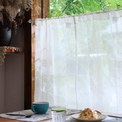 jinchan White Pom Pom Voile Kitchen Tier Curtains 24 Inches 2 Panels - color: Dottie Linen Whisper, size: 26"W x 24"L (Pack of 2)