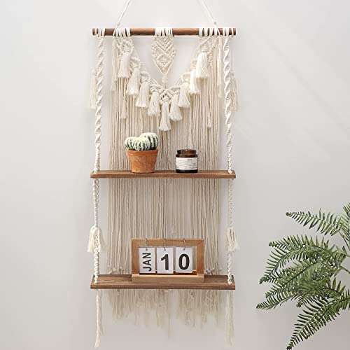 2-Tier Macrame Wall Hanging Shelf & Boho Decor, Wooden Floating Shelves - size: Large