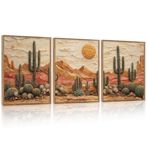 Aurlan 3D Textured Cactus Arizona Desert Framed Canvas Wall Art 12x16 Inch - color: Cactus Desert (3D Textured), size: 12"L x 16"W