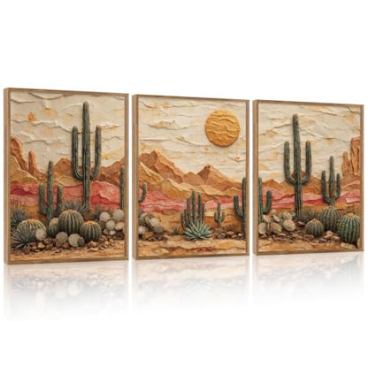 Aurlan 3D Textured Cactus Arizona Desert Framed Canvas Wall Art 12x16 Inch - color: Cactus Desert (3D Textured), size: 12"L x 16"W