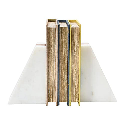 Main + Mesa Marble Geometric Bookends with Wood Inlay, White - size: 4" wide x 6" tall x 3" deep
