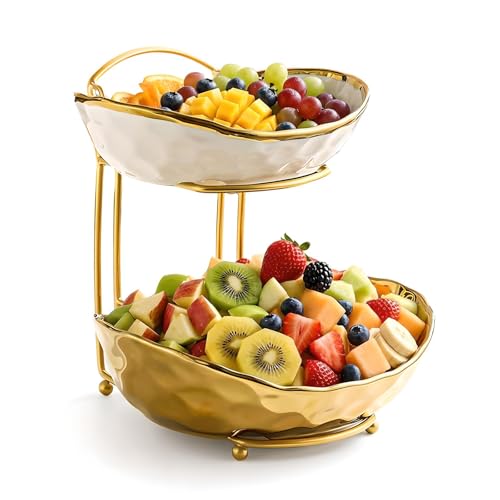XUDREZ 2 Tier Fruit Bowl with Metal Stand, Ceramic, Gold - color: Gold, 2 Tier