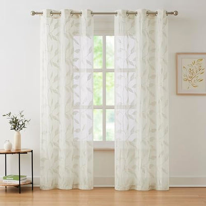 Bujasso Embroidered Leaf Sheer Curtains, Natural 38" Wx63 Lx2 - color: Natural, size: 38"W x 63"L (Pack of 2)