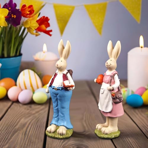 Easter Bunny Figurines Set of 2, Resin Rabbit Couple Decor, 6.1 Inch