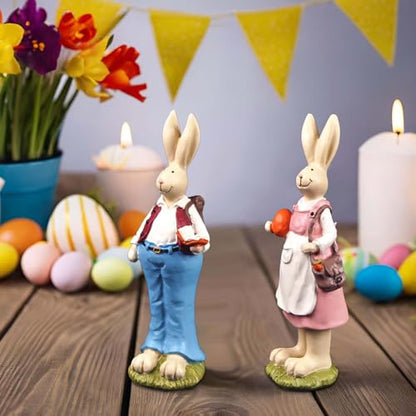 Easter Bunny Figurines Set of 2, Resin Rabbit Couple Decor, 6.1 Inch