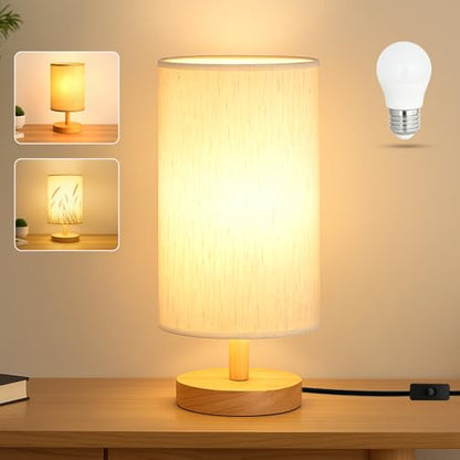 Desk Lamp LED Bulb Included, Small Bedside Table Lamp Plug-in - Classic Wood Base with Flaxen Fabric Shade, Lamps for Night Stands, Simple Nightstand Light for Bedroom, Office, Desk - color: Flax White