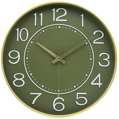 HZDHCLH 12 Inch Modern Wall Clock Battery Operated Silent Non Ticking - color: Green and Gold, size: 12 Inch