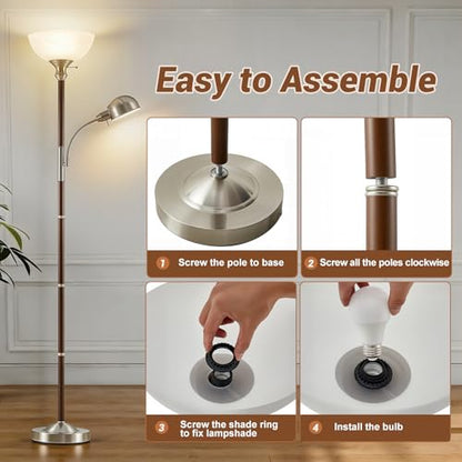 EJIAXIN 72" Wood Torchiere Floor Lamp with Glass Shade Walnut Standing Lamp - color: Dark Walnut