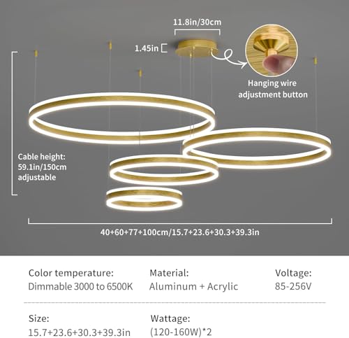 Modern LED Chandelier Light, 4 Ring Gold Pendant Lighting Fixture, Adjustable Hanging Ceiling Lamp for Dining Room, Kitchen Island, Entryway, Living Room, Dimmable Dining Light Over Table