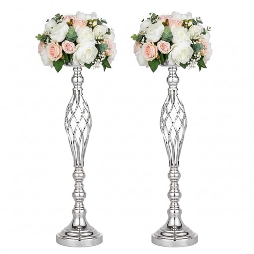 Silver Wedding Vases for Table Centerpieces - 2pcs of Twist Candleholder Stands, Elegant Floral Arrangement Vases, Metal Centerpieces for Reception Table Wedding Road-Leading Home Decor - color: ['Silver'], size: ['2 pieces, 23.23 inches']