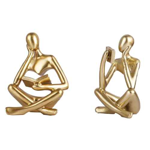 2-Piece Gold Resin Seated Reading Figurines with Books, Bookshelf Decor - color: Gold