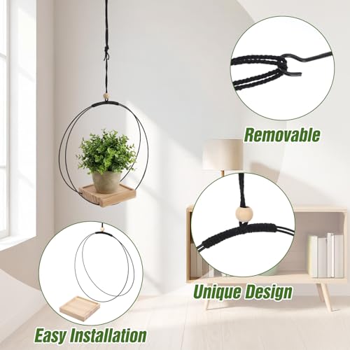 3 Packs 12 Inch Hanging Planters for Indoor Plants with Wood Base Plant Hanger Indoor Black Macrame Plant Hanger for 3 to 5.5 Inch Pot Hanging Planter for Window Wall Ceiling Home Decor