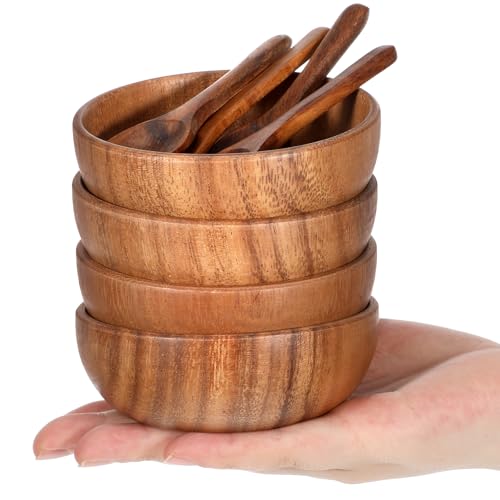 4 Pack Acacia Wooden Bowl with 4 Pcs Spoon 2.5 oz Wooden Dipping Bowls Round Wood Salad Hand Carved Calabash Dip Tray for Condiments, Jam, Nuts, Appetizer, Snack, Yogurt, Ketchup, Barbecue (3.9 Inch) - size: 3.9 Inch