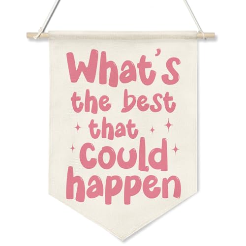 Motivational Quote Canvas Wall Banner – What’s the Best That Could Happen,Retro Pink Inspirational Poster, Wall Hanging Canvas Flag with Wooden Rod for Teen Girl Room, Dorm, Office, Classroom Decor, 11x16 Inch(KD06) - color: KD06