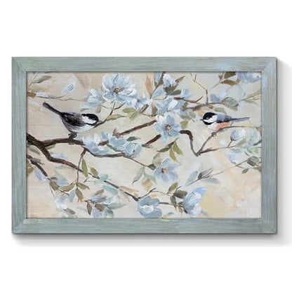 Oversized Spring Bird Scene Framed Wall Art, 36" Lx24 W - color: Chickadees on Soft Pastel, size: 36"L x 24"W