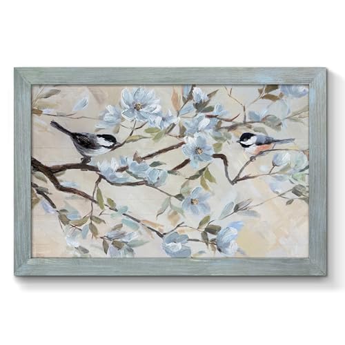 Oversized Spring Bird Scene Framed Wall Art, 36" Lx24 W - color: Chickadees on Soft Pastel, size: 36"L x 24"W