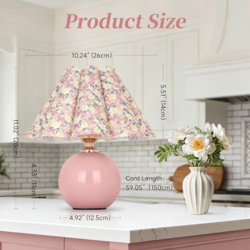 Pink Ceramic Small Table Lamp for Small Space, Cute Bedside Lamps Nightstand Mini Lamps, Scalloped Shade Lamp for Kitchen Counter, Bookshelf, Kids Dorm - color: Pink