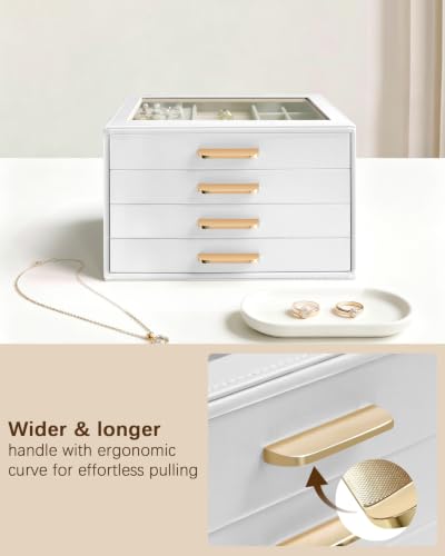 Homeanda Jewelry Boxes Organizer with Glass Lid, 4-Layer PU Leather, White - color: White, size: 4 Layer