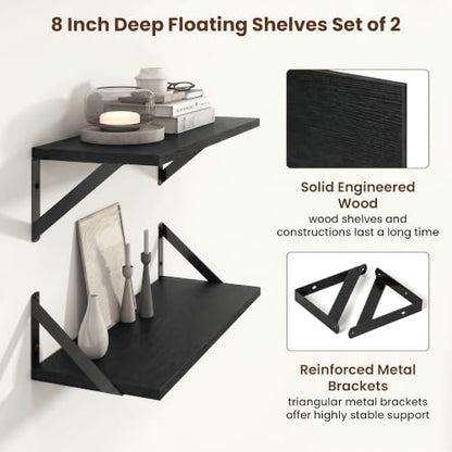Axeman 18 Inch Floating Shelves, 8 Inch Deep Black Wall Shelves Set of 2 - color: Black, size: 18 Inch