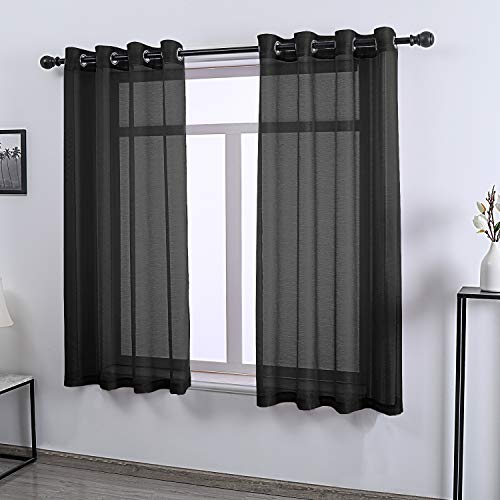 DONREN 2 Panels Jet Black Textured Sheer Curtains Luxury Voile Window Curtain Grommet Top Panels for Bedroom 52 X 63 Inch Length - color: Jet Black, size: 52"W x 63"L (Pack of 2)