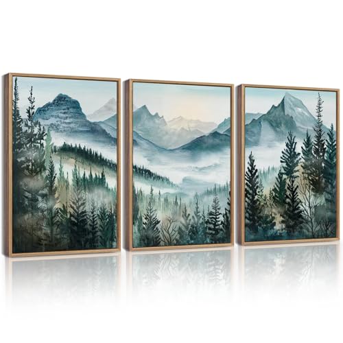 KUVIOKE Mountain Landscape Framed Wall Art Watercolor Nature Misty Forest Painting Vintage Farmhouse Rustic Wall Decor for Bedroom Hallway 12x16in (Natural Framed) - color: Forest and Mountain 2, size: 12 x 16in x 3 Panels Natural
