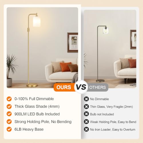 【Upgraded】 Dimmable Floor Lamp for Living Room with Opal Glass Lamphade, Gold Modern Glass Floor Lamp with 900LM LED Bulb Included, Arc Standing Tall Lamp for Bedroom, Office, Reading Room, Corner - color: Opal Glass-Gold