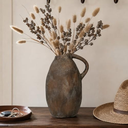Rustic Ceramic Vase with Handle, 10.3 Inch, Handmade Decor, Brown - color: Brown