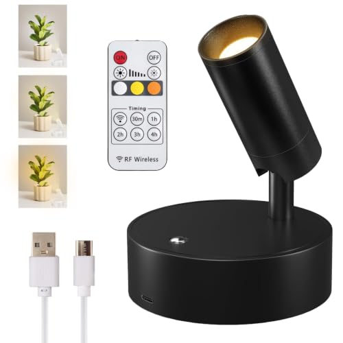 Wireless LED Spotlight, Rechargeable Floor Uplighting Indoor, Battery Operated Picture Light with Remote Timer and Dimmable Accent Spot Lights Stick on Wall Light for Plants Pictures Artwork - color: Black