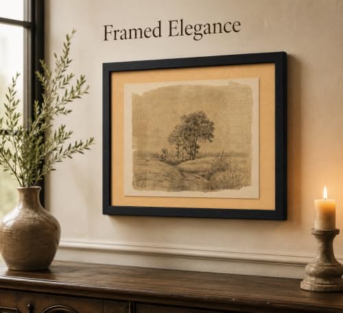 Framed Landscape Sketch Wall Art Rustic Tree Painting Picture Wall Decor Sepia Country Scenery Poster Print Artwork for Modern Farmhouse Living Room Office Home Decoration - color: Big Tree, size: 16"L x 12"W