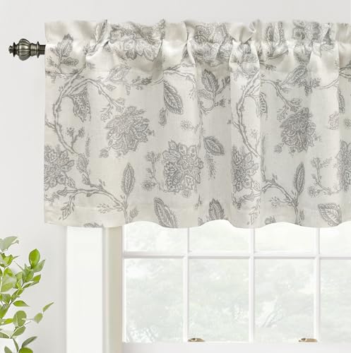 DriftAway Freda Jacobean Floral Linen Blend Blackout Thermal Insulated Energy Saving Privacy Window Linen Curtain Valance Rod Pocket 2 Layers Single 52 Inch by 18 Inch Plus 2 Inch Header Gray Beige - color: Grey, size: 52"W x 18"L (Pack of 1)