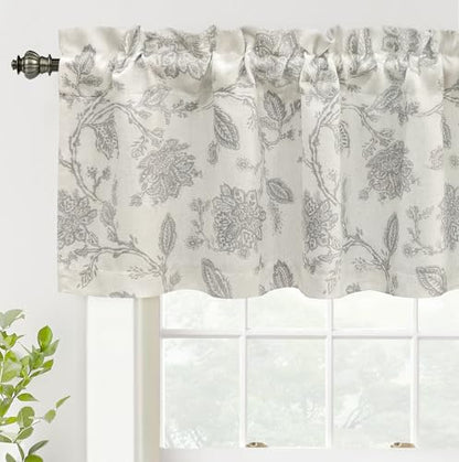 DriftAway Freda Jacobean Floral Linen Blend Blackout Thermal Insulated Energy Saving Privacy Window Linen Curtain Valance Rod Pocket 2 Layers Single 52 Inch by 18 Inch Plus 2 Inch Header Gray Beige - color: Grey, size: 52"W x 18"L (Pack of 1)