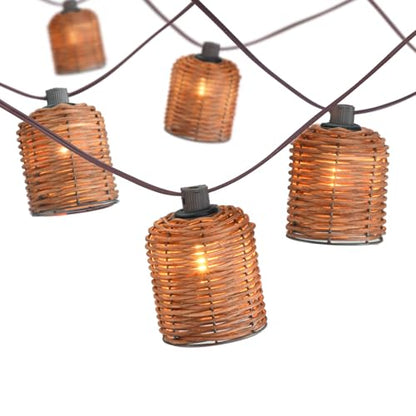 Rustic Lantern String Light, Natural Handwoven Rattan Cage, Plug in & Connectable Lights- Oven Brown Wicker - color: Oven Brown Rattam