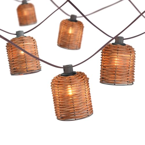 Rustic Lantern String Light, Natural Handwoven Rattan Cage, Plug in & Connectable Lights- Oven Brown Wicker - color: Oven Brown Rattam