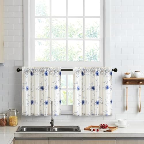 VOGOL Blue Floral Vine Kitchen Tier Curtains, 30 x 24 Inches, 2 Panels - color: Hy-blue, size: 30"W x 24"L (Pack of 2)