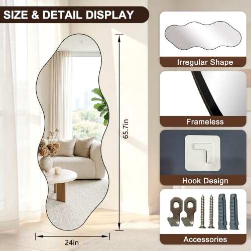 65.7"x24" Irregular Full Length Mirror, Abstract Wall Mirror - color: Black Wavy