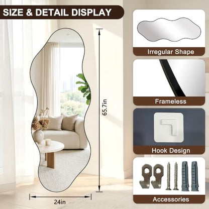 65.7"x24" Irregular Full Length Mirror, Abstract Wall Mirror - color: Black Wavy