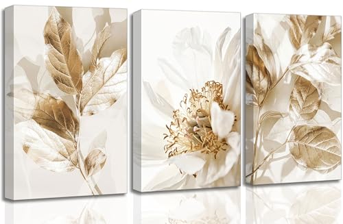 LAJDXSX 3 Pcs Modern White Floral Golden Leaves Canvas Wall Art - color: Platinum Flowers, size: 12x16in-Canvas