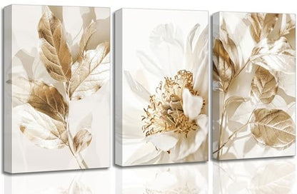 LAJDXSX 3 Pcs Modern White Floral Golden Leaves Canvas Wall Art - color: Platinum Flowers, size: 12x16in-Canvas