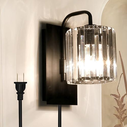 Plug in Crystal Wall Sconces, Black Plug in Sconce with Dimmer Cord - color: Crystal Glass Sttyle with Plug