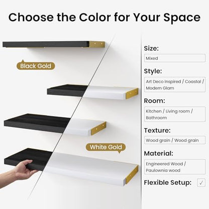 BAYKA Wall Mounted Floating Shelves (White and Gold, Set of 4, 16" Mixed) - color: B. White Board & Gold Brackets, size: 16 inches Mixed