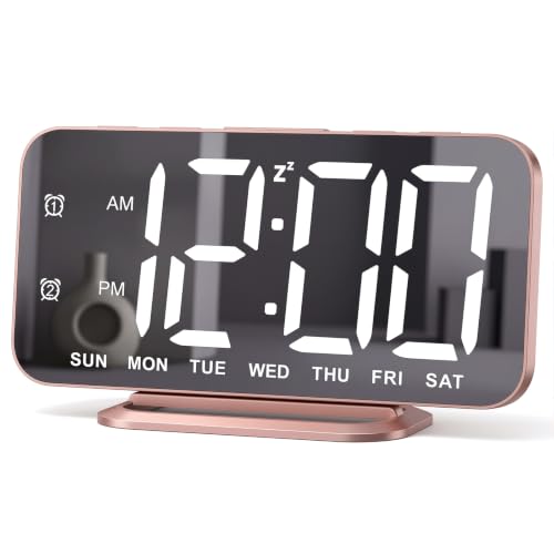 Slim LED Digital Alarm Clock, Mirror Surface for Makeup, with Diming, Large Display, Easy Setting, USB Ports, Modern Decor for Bedroom, Desk, Christmas, Birthday Idea Gift for Women, Sister, Mom, Pink - color: Rosegold