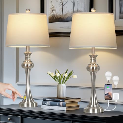 Cinyirong 28.75" Silver Table Lamps for Living Room,Touch Lamps for Bedrooms Set of 2 - Nightstand Table Lamp with USB C+A, 3 Way Dimmable Bedside Lamps End Tables Brushed Nickel - color: Silver table lamp