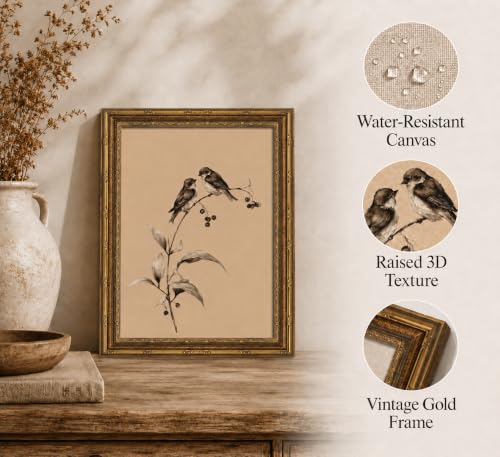 Gold Framed 3D Textured Wall Art, Vintage Sketch Birds on Branch Canvas Prints, Minimalist Love Bird Pictures Decor, Neutral Botanical Birds Gallery Artwork for Living Room Bedroom Bathroom 12x16inch - color: Birds on Branch, size: 16"L x 12"W