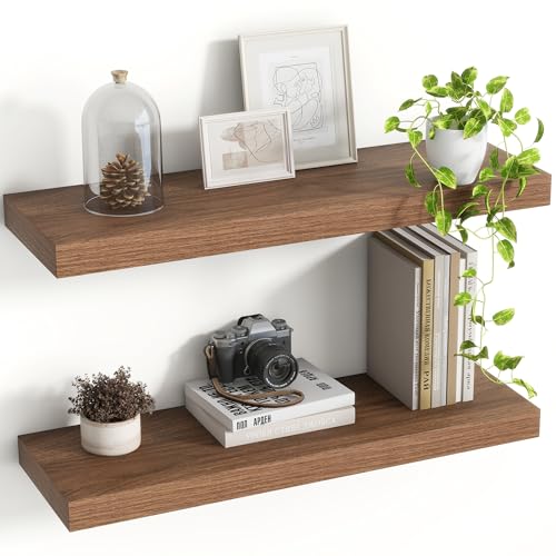 Acovy 24 Inch Floating Shelves, 8 Inch Deep Floating Shelves for Wall, Hanging Shelf with Invisible Brackets, Deep Shelves for Bathroom, Bedroom, Living Room, Walnut, Set of 2 - color: Walnut, size: 8"Wx24"L-2pcs