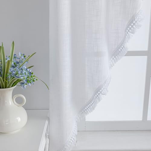 Beda Home Tassel Linen Textured Swag Curtain Valance, White, 36 x 45 in - color: White, size: 36"W x 45"L (Pack of 2)